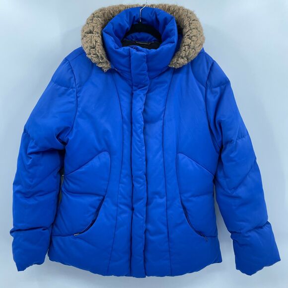 CALVIN KLEIN Blue Faux Fur Lined Duck Down Full Zip Y2K Puffer Jacket Size L - Picture 1 of 9